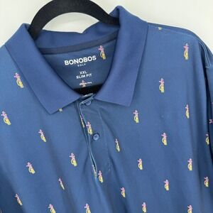Bonobos Golf Polo Shirt‎ Mens XXL Navy Blue AOP Golf Bag Print Slim Fit